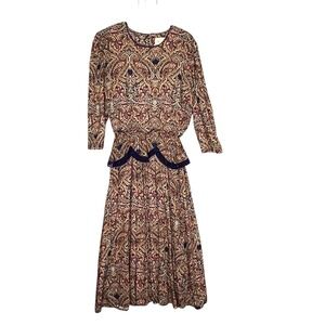 Miss Dorby Vintage Paisley Dress L/S Peplum Velvet Trm Regency Victorian Sz Med